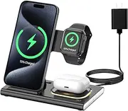 KARTICE Wireless Charger,3 in 1 Folding Fast Wireless Charging Station for iPhone 16 15 14 13 12 Pro Max, Apple Charging Station with Night Light for Apple Watch 10 Ultra2 9 8 Se 7 6 5 AirPods 4