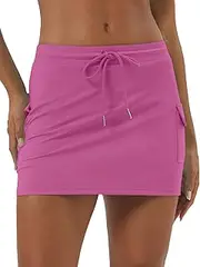 [KEOYA] Women Tennis Skirt with Built-in Shorts Drawstring Elastic Waist Badminton Skirt Side Pockets Activewear Mini Skort
