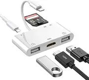 Lightning Hub iPad Adapter, 6-in-1 Lightning to HDMI Digital AV Converter, TF & SD Card Reader, USB Camera Adapter, Power Delivery Compatible with iPhone, iPad and More USB Devices