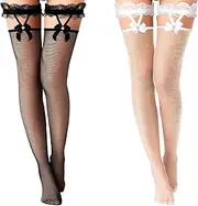 [Junwapy] 2 Pairs Lace Top Fishnet Stockings Bow Suspenders Thigh High Stockings Mesh Hold up Stockings for Women Girls, Black, 6 Tall