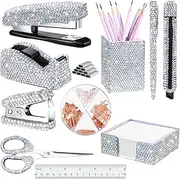 Teling 10 Pcs Bling Office Accessories for Desk Bling Crystal Office Supplies Set Desk Accessory Kit Glitter Stapler Staple Remover Tape Dispenser Diamond Pen Scissors for Women Home(Silver)