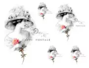 Vintage Victorian French Woman Rose Postale Waterslide Decal Transfer WOM990