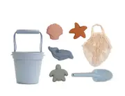 Silicone Beach Toys - Baby Bucket, Spade & Mould Set with Cotton Mesh Tote - Duck Egg