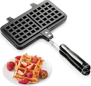 Dicunoy Non-stick Waffle Maker, 8"" Camping StoveTop Waffle Maker with Long Handle, Portable Aluminum Waffle Maker Pan for Waffles Sandwich Toaster, Breakfast, Sandwich Baking, Black
