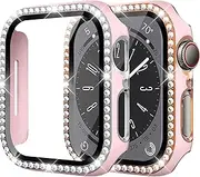 2 Pack Bling Cases with Built in Tempered Glass Screen Protector Compatible with Apple Watch 40mm, Hard PC Crystal Diamond Protective Bumper for iWatch Series 6 5 4 - Pink Silver + Pink Rose Gold