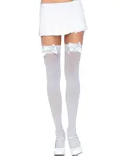 White Opaque Thigh High Stockings with White Satin Bow