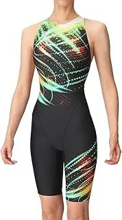 [arena] Women's Swimsuit Racing Dress Spats (Open Back, Half Leg), Black x Emerald (BKEM)