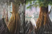 Cypress Trees ,Egret ,Diptych, 2Canvas,18"x12", Bayou, Spanish-Moss, Barbsgarden