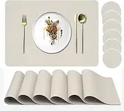 Placemats Set of 6, Faux Leather Place Mats with Coasters, Waterproof, Stain Resistant, Heat Resistant, Easy to Clean PU Table Mats for Dining Table and Decor (Set of 6, Rectangle Cream White)