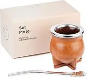 thebmate [Camionero Mate Premium Set Yerba Mate Cup - Crafted Ceramic Teacup - Leather Wrapped Handmade in Uruguay - Set Mate Camionero, German Silver Bombilla Straw, Cleaning Brush (Camel Brown)
