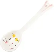 SOESFOUFU Hand Painted Ceramic Soup Spoon with Rabbit Pattern Kitchen Utensil for Serving Soups Ramen Pho and Stews Comfortable Handle Easy to Clean for Everyday Use
