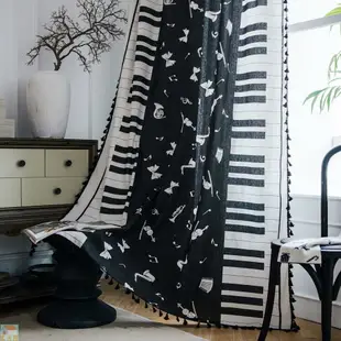 窗簾棉麻鋼琴印花美式黑色流蘇廚房簾鄉村風格成品飄窗