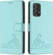 [ScandiCasis] Samsung Galaxy A52 Flip Case, Cat Pattern Leather Cover with [Card Slots] [RFID] [Wallet] [Kickstand] Shockproof Case, Mint Green