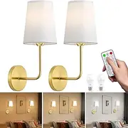 JESLED Battery Operated Wall Sconce Set of 2, Wireless Wall Lights with White Lampshade,Rustic Vintage Dimmable Lamp for Bedside Mirror Living Room Lounge, Easy to Install E27 Bulb(Gold)