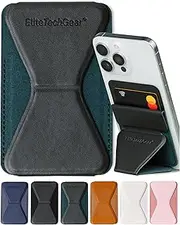 Elite Tech Gear Secure Phone Card Holder with Adjustable Stand - Compatible with iPhone & Android - Adhesive Phone Case Wallet for Cards - Vegan Leather - Dark Green