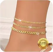 [Kenivira] Gold Ankle Bracelets for Women Waterproof,14K Gold Plated Cuban Link Anklets Set Non Tarnish, Sample Layered Link Anklet Adjustable Beach Jewelry, Large, no gemstone