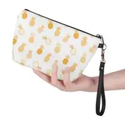 Orange Printed Pineapples Portable Large Travel PU Leather Makeup Pouch