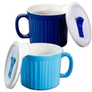 CorningWare Pop Ins 20oz Meal Mug with Vented Lid Blue Stoneware 2 Pack