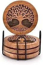 Kimona Coasters Set of 4 Handmade Round Wooden Tree of Life Coasters for Drinks with Iron Holder for Any Table Type for Bar Kitchen Home Apartment (4" x 4" x 0.5")
