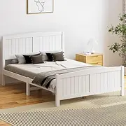 Oikiture Double Bed Frame with Headboards and Footboards Pine Wood Bed Frame Platform Bed, White
