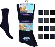 [Rozgul] 6 Pairs BNG Men's Big Foot Extra Wide Diabetic 100% Cotton Socks - Ideal for Swollen Legs, UK Size 11-14 - Non-Binding, Comfortable, and Breathable,Non Elastic Loose Soft Top, Black, Navy,