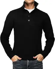 [Qolkmuiy-GJ] Men's Button Quarter Lightweight Sweater Casual Mock Neck Knitted Sweaters Classic Thermal Slim Fit Pullover, Black, M