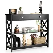 Costway 3-Tier Wood Console Table Hallway Display Desk w/Drawer & Open Shelf Black