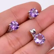 Natural Amethyst Round Cut Stone 925 Sterling Silver Pendant & Earrings Set