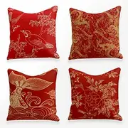 Chinese Style Red Gold Cushion Cover 4PCS Soft Square Throw Pillow Cover Faux Linen Cushion Case Pillowcase for Sofa Bedroom 45 x 45 cm (18 x 18 Inch) Superior