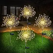 Solar Firework Lights 4 Pack, Solar Powered Garden Fairy Lights for Outdoor Yard Decorative, Waterproof Star Firecracker Lights 120LED Sparkler for Patio Planter Bushes (Warm White)