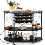 Giantex 3-Tier Wine Rack Table Cellar Display Sideboard Buffet w/Power Outlets & Glass Holder Rustic Grey