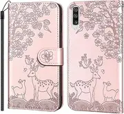 Case for Samsung Galaxy A70, Premium Flower Deer Pattern Credit Card Slot Wallet Case Magnetic Kickstand Fashion Shockproof Flip Cover Case for Samsung Galaxy A70-Rose Gold