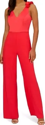 Adrianna Papell Womens Size 16 Coral Satin Crepe Sleeveless V-Neck Jumpsuit NEW