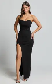 Oriella Midi Dress - Panelled Thigh Split Strapless Dress in Black