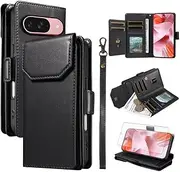 [Asuwish] Mobile Phone Case for Google Pixel 9/9 Pro 5G Case with Film, Screen Protector and Card Slot, Foldable Leather Wallet, Stand, Pixel9 9Pro, Zip, Wallet, Mobile Phone Case, Black
