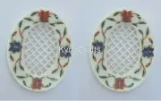 Set of 2Piece Marble Soap Dish Multicolor Stone Inlay Work Sponge Holder 4.5x3.5