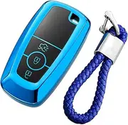 M.JVisun Soft TPU Case Key Fob Cover For Ford Bronco Ecosport Edge Escape Expedition Explorer F150 F250 F350 F450 F550 Fusion Maverick Mondeo Mustang Ranger Car Key - Glossy Blue - Braided Keychain