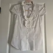 Ann Taylor Loft Blouse Women Size 0 Petite White Ruffle Button Down Short Sleeve