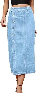 [Leyoutx] Women's Casual High Waist Denim Mid Skirt Slit Button Up Jean Skirts with Pockets