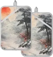 Pot Holders Sets Heat Resistant Sunset Landscape Chinese Ink Painting Potholders with Pockets Hot Pads for Cooking Oven Mitts 2 Pack