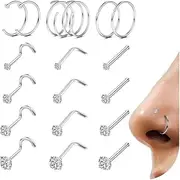 [Sanfenly] 18Pcs Nose Rings Studs - 316L Surgical Steel Gold Nose Studs Double Hoop Nose Ring for Women Men 18G/20G Nose Rings Stud Hypoallergenic Nose/Body Piercing Jewelry 1.5mm 2mm 2.5mm 3mm CZ
