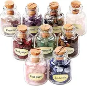 9 Pcs Gemstones Bottles Mini Chip Healing Crystal Stones Set Wishing Bottle Tumbled Gem Reiki Chakra Wicca Glass Vial Jars (Assorted Color)