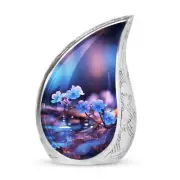 Usher into Eternity with Forget Me Not Blue Flowers and Water Drops Urns for Ash