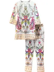 Retro Women's Fashion Set Floral Printed Tops Blouse Casual with Long Pants New