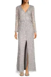 Aidan Mattox Sequined V-neck long sleeve slit front zipper back mesh gown