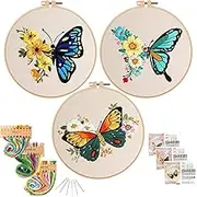 Embroidery Kits for Adults Beginners, 3 Sets Embroidery Starter Kits Embroidery Cross Stitch Practice Kits with Stamped Pattern, Embroidery Hoops and Color Threads, Funny Hobby for Adults Kids