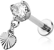 [Pierced Owl] 16GA 316L Stainless Steel Internally Threaded CZ Crystal with Dangling Heart Flat Back Stud