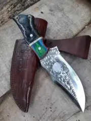 custom handmade D2 steel skull hatch bowie knife with leather sheath