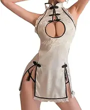 [JINZIJINYU] Sexy Lingerie for Women Hollow Sexy Cheongsam Uniform Temptation Women Underwear Retro Pajama Set Tights White