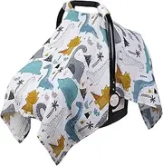 Rquite Dinosaurs Carseat Cover - Muslin Cotton Infant Car Seat Canopy, Breathable Baby Carrier Cover, Summer Stroller Sun Shade